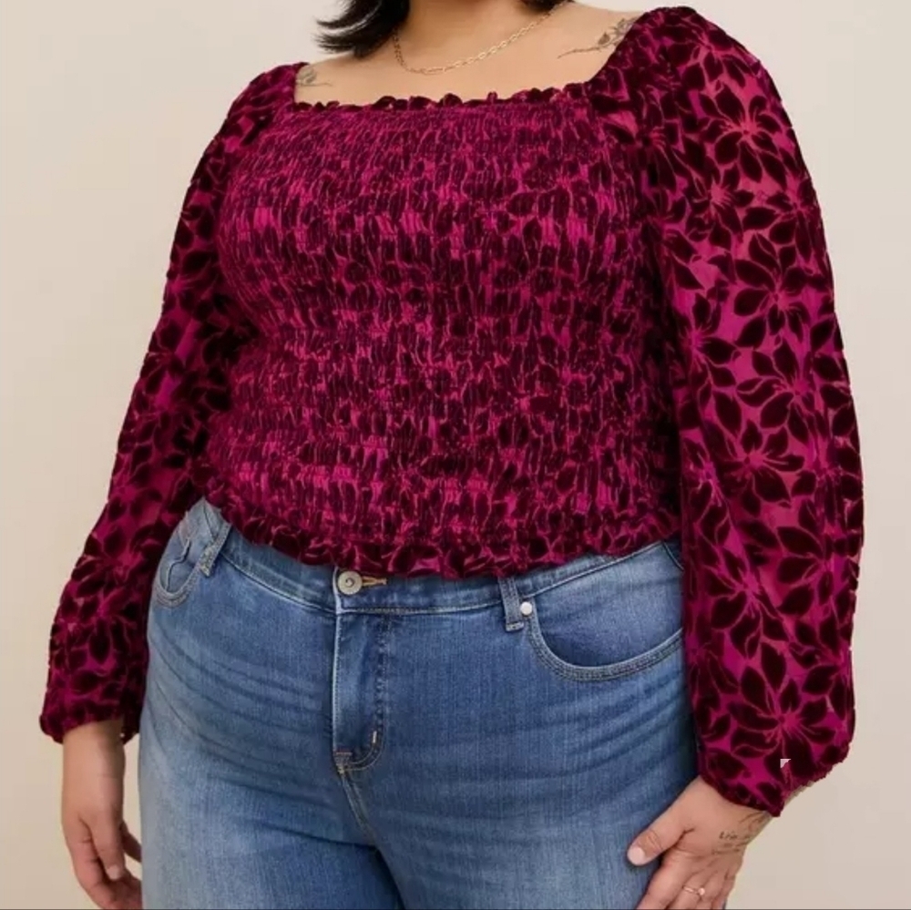 TORRID Womens Long Sleeve Velvet Smocked Blouson Sleeve Crop Top, Wine Floral